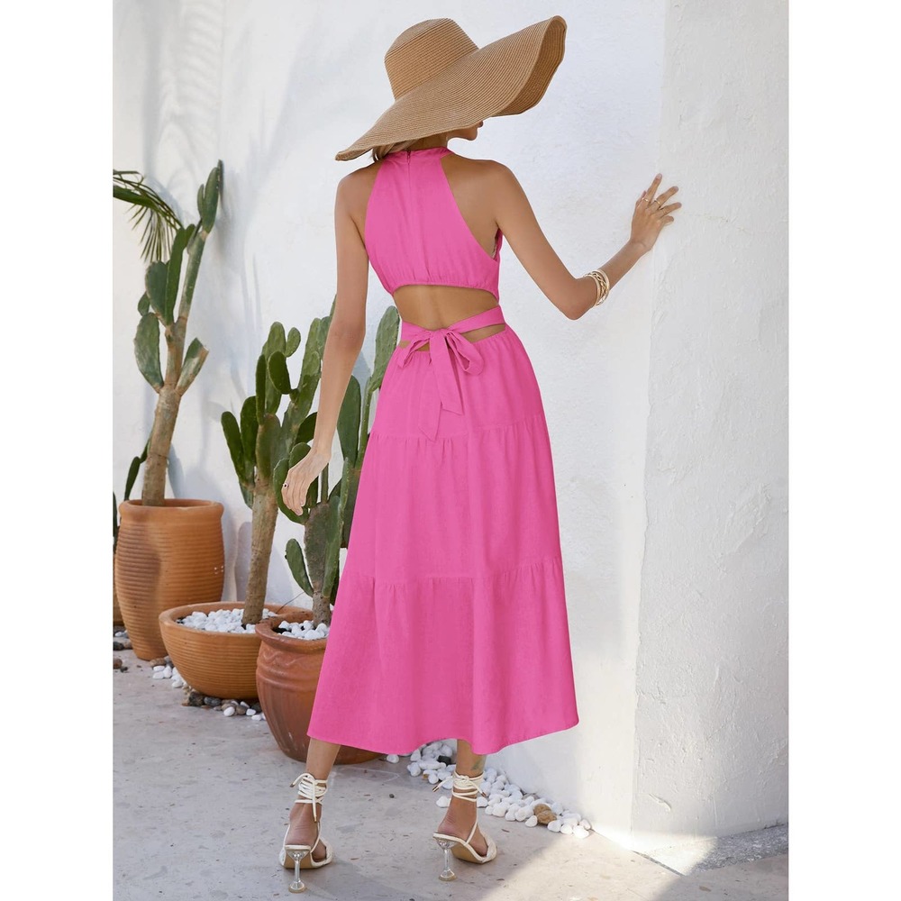 boho Solid Layered Hem Halter Neck Cut Out Waist maxi Dress - Picture 7 of 11